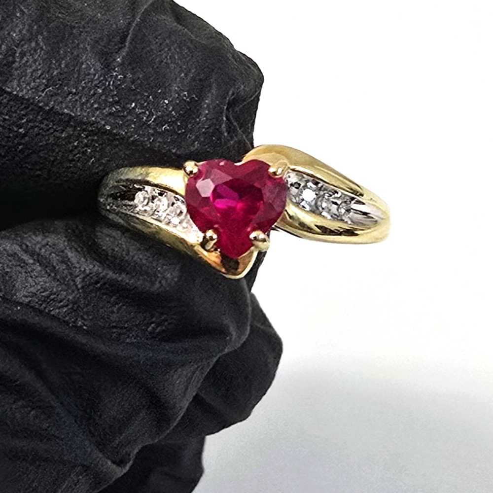 10K Gold Ruby Heart And Diamond Ring